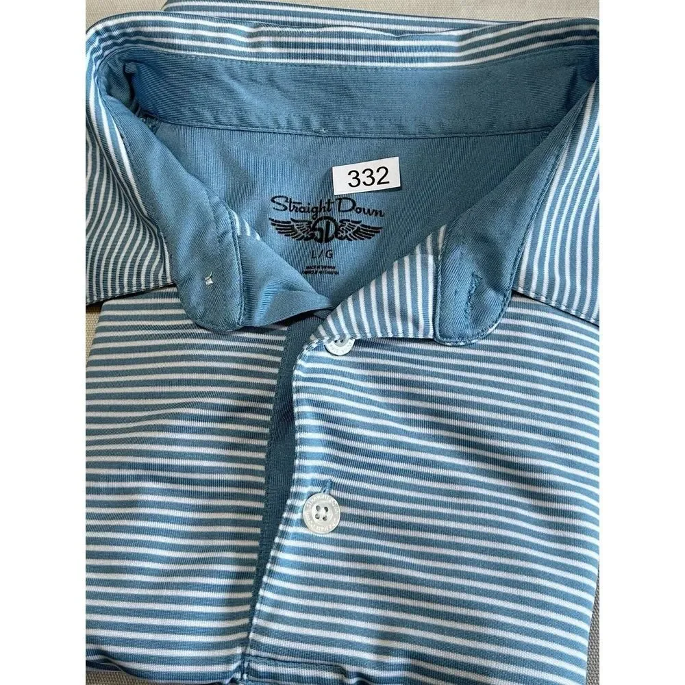 STRAIGHT DOWN Mens Golf Polo Shirt BLUE White Striped Short Sleeve Stretch L